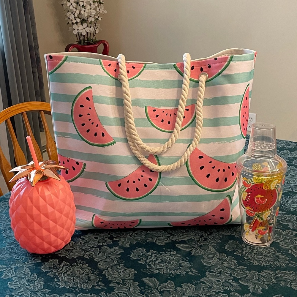 Green & White striped Watermelon Beach Bag w/ Pineapple, Shaker & Accessories